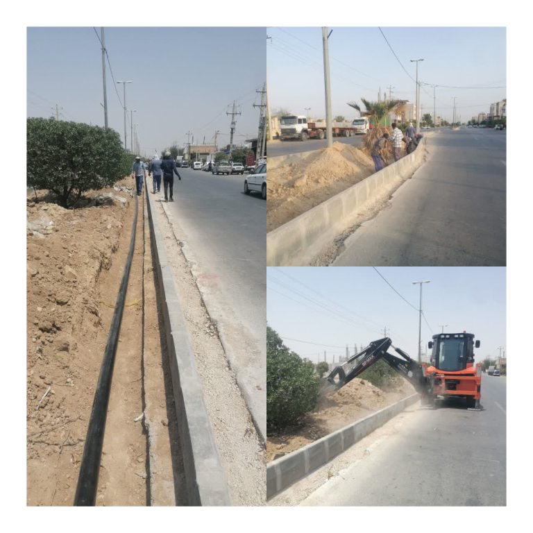 اجرای عملیات آبیاری قطره ای و تسطیح خاک بلوار رئیسعلی دلواری